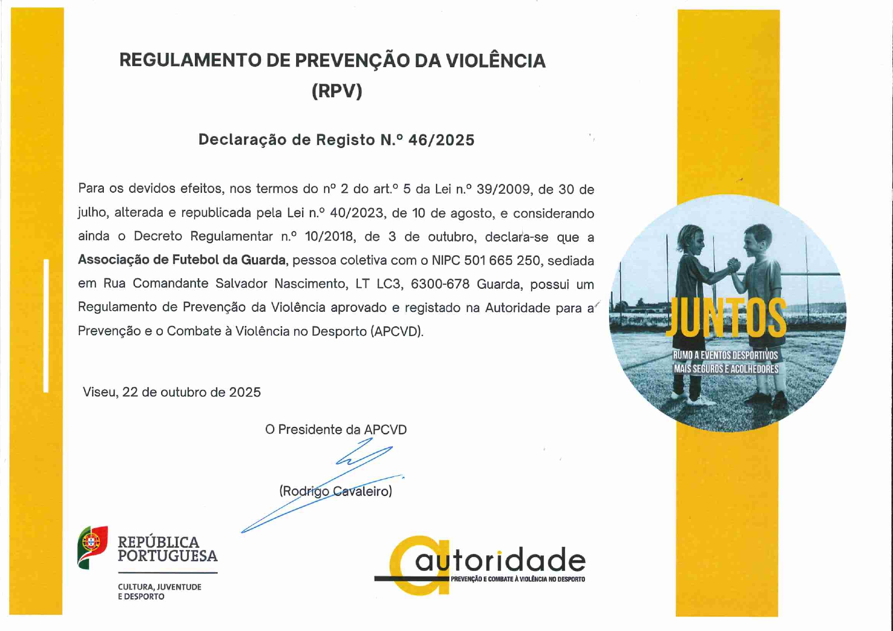 REGULAMENTO DE PREVENÇÃO DA VIOLÊNCIA APROVADO PELA APCVD